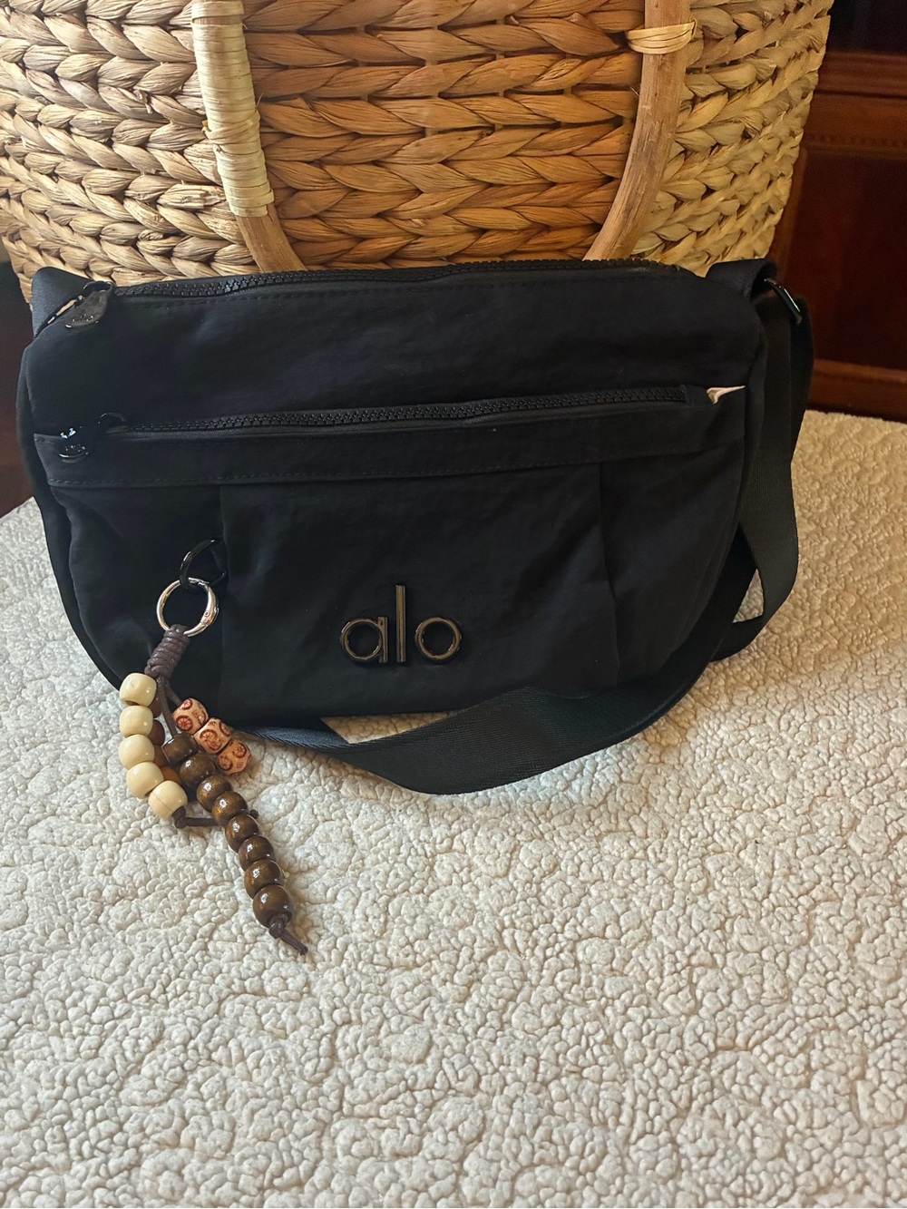 Alo Black Nylon Crossbody Shoulder Bag Multi Pocket Beaded Charm